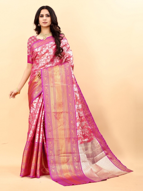 

Fashion FRICKS Pink & Silver-Toned Floral Zari Pure Silk Banarasi Saree