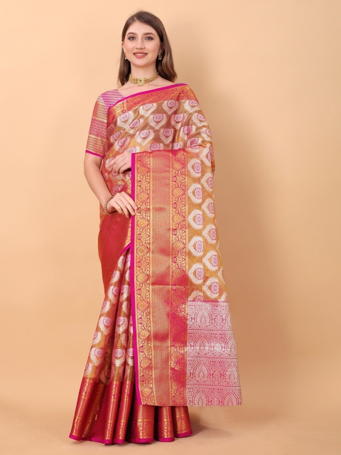 

Fashion FRICKS Pink & Gold-Toned Woven Design Zari Pure Silk Banarasi Saree