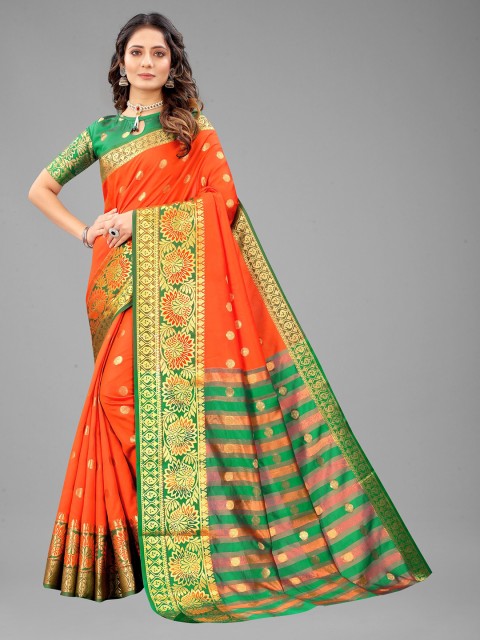 

Fashion FRICKS Orange & Green Woven Design Zari Pure Silk Banarasi Saree
