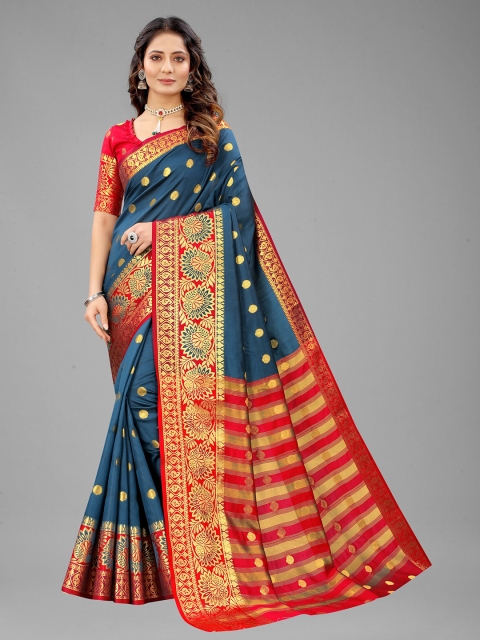 

Fashion FRICKS Blue & Red Woven Design Zari Pure Silk Banarasi Saree