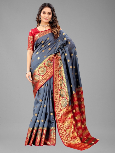 

Fashion FRICKS Women Grey & Red Ethnic Motifs Zari Pure Silk Banarasi Saree