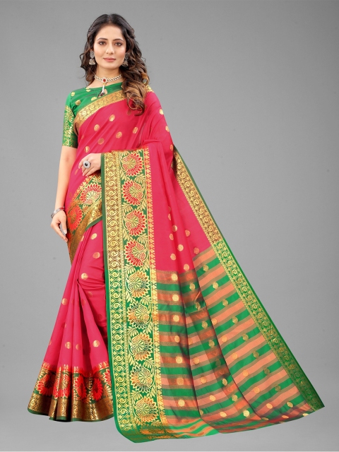 

Fashion FRICKS Fuchsia & Green Ethnic Motifs Zari Pure Silk Banarasi Saree