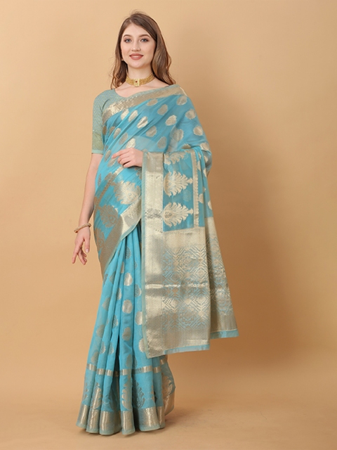 

Fashion FRICKS Blue & Gold-Toned Ethnic Motifs Zari Pure Silk Banarasi Saree