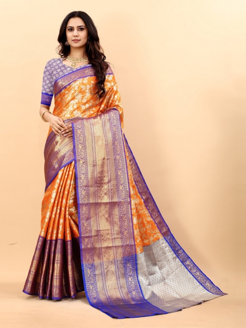 

Fashion FRICKS Orange & Blue Floral Zari Pure Silk Banarasi Saree