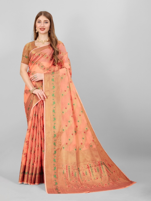 

Fashion FRICKS Peach-Coloured & Gold-Toned Woven Design Zari Pure Silk Banarasi Saree
