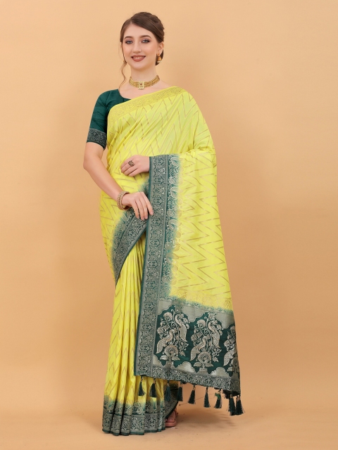 

Fashion FRICKS Yellow & Green Zari Pure Silk Banarasi Saree