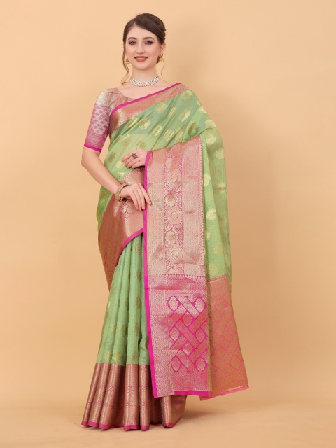 

Fashion FRICKS Green & Pink Floral Zari Pure Silk Banarasi Saree