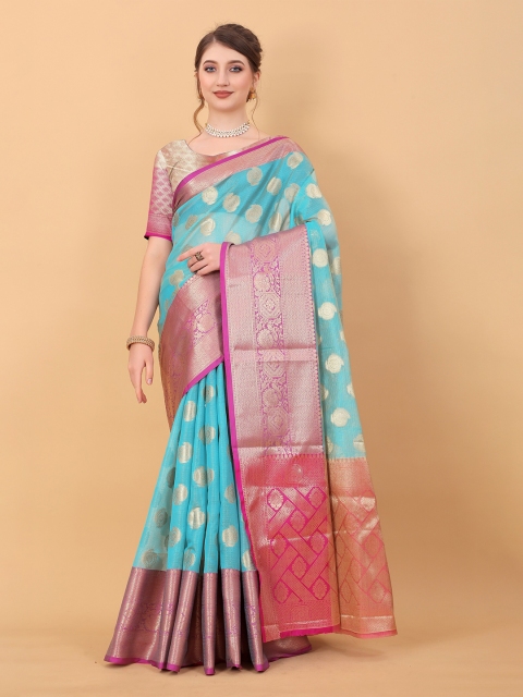 

Fashion FRICKS Blue & Pink Woven Design Zari Pure Silk Banarasi Saree