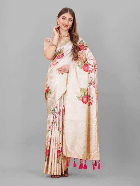 

Fashion FRICKS Beige & Red Woven Design Zari Pure Silk Banarasi Saree