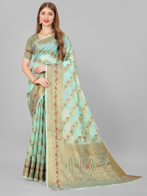 

Fashion FRICKS Sea Green & Gold-Toned Ethnic Motifs Zari Pure Silk Banarasi Saree