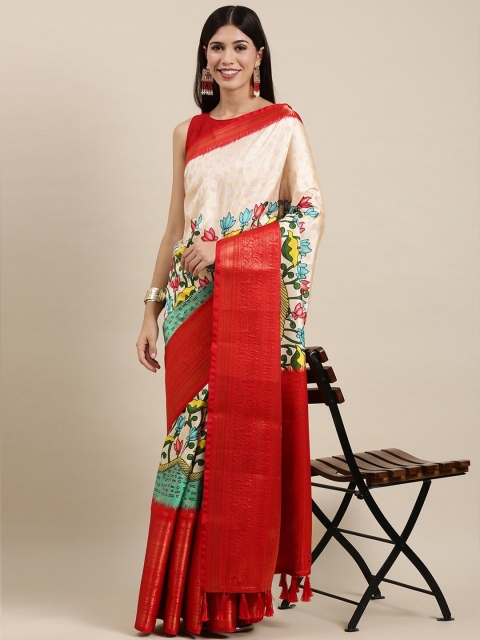 

Fashion FRICKS Off White & Red Floral Pure Silk Banarasi Saree