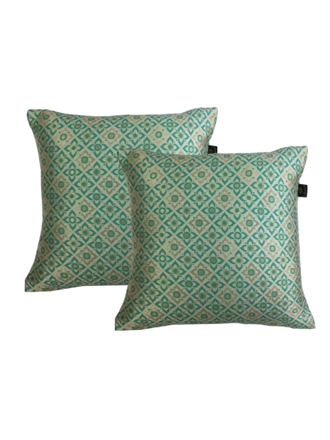 

Lushomes Green & Gold-Toned Set of 2 Floral Square Cushion Covers