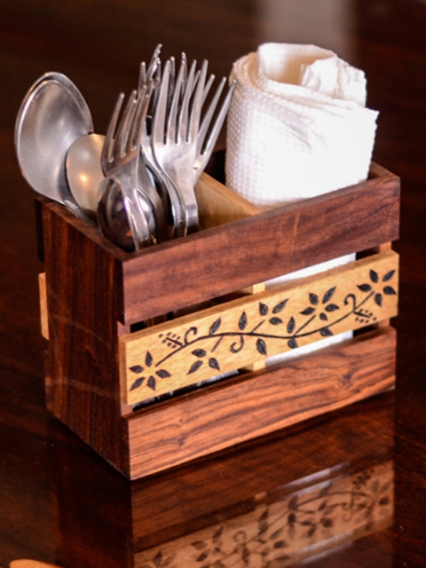 

ExclusiveLane Brown Floral leaves Handcrafted Wooden Cutlery & Tissue Holder