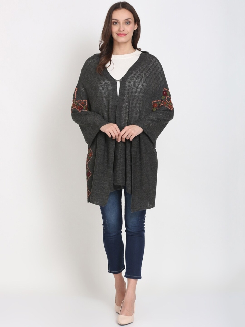 

Knitstudio Women Grey Knitted Embroidered Shawl