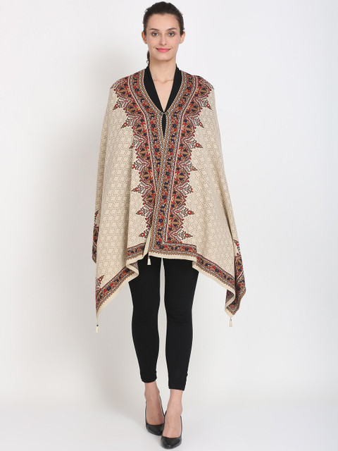 

Knitstudio Women Beige & Red Self Design Knitted Shawl