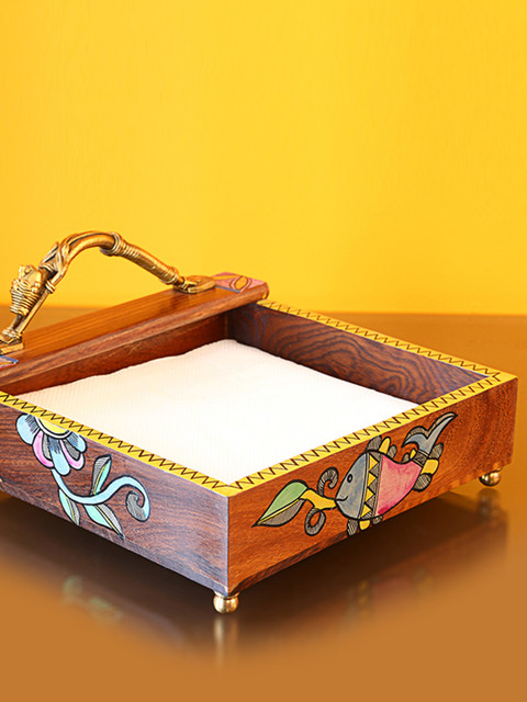 

ExclusiveLane Brown Wooden Madhubani Art Handcrafted Napkin Holder