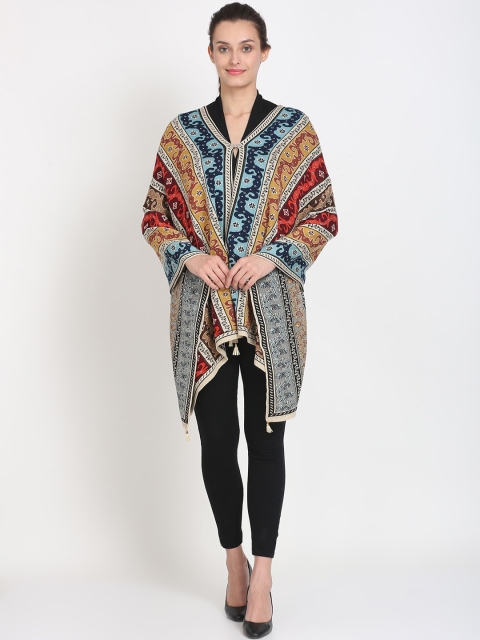 

Knitstudio Women Beige & Blue Self Design Knitted Shawl