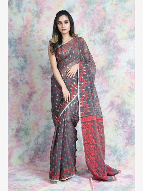 

Arhi Grey & Red Woven Design Silk Cotton Jamdani Saree