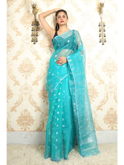 

Arhi Blue & Silver-Toned Ethnic Motifs Zari Silk Cotton Jamdani Saree