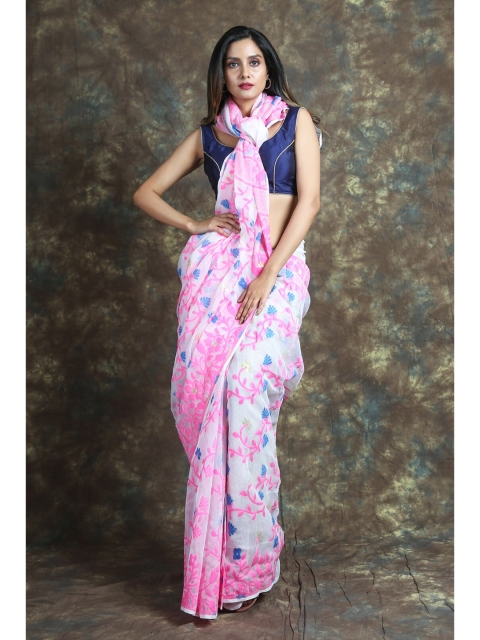 

Arhi White & Pink Woven Design Silk Cotton Jamdani Saree