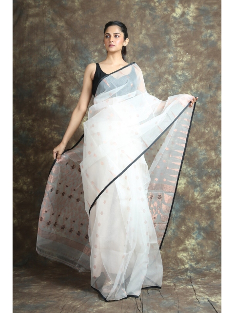 

Arhi White & Black Woven Design Zari Silk Cotton Jamdani Saree