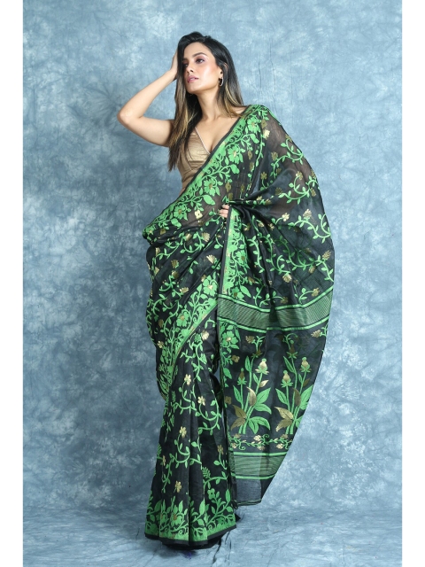 

Arhi Black & Green Floral Silk Cotton Jamdani Saree