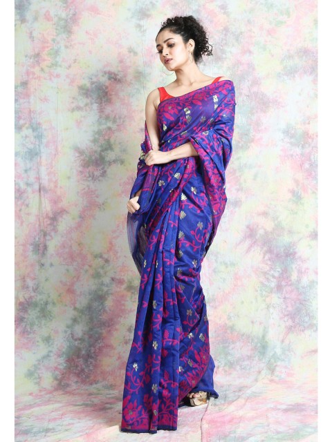 

Arhi Blue & Red Woven Design Silk Cotton Jamdani Saree