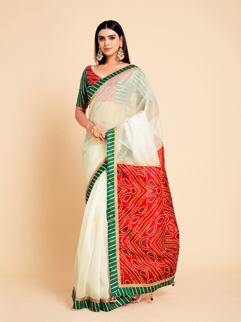 

all about you Off White & Red Bandhani Organza Ready to Wear Saree