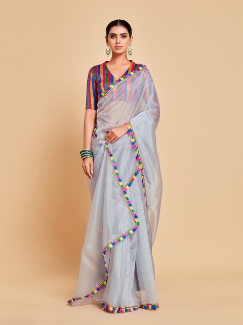 

all about you Women Grey Organza Saree with Tassels