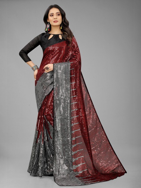 

3BUDDY FASHION Red & Black Striped Sequinned Saree