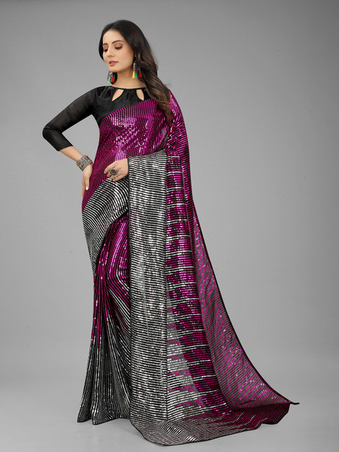

3BUDDY FASHION Purple & Grey Embellished Sequinned Half and Half Taant Saree