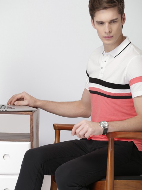 

INVICTUS Men White Coral Red Colourblocked Slim Fit Polo Collar Pure Cotton T-shirt