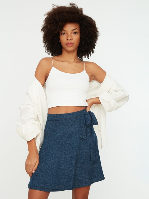

Trendyol Women Navy Blue Solid Waist Tie-Ups Flared Skirt