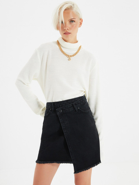 

Trendyol Women Black Solid Pure Cotton Mini Wrap Skirt