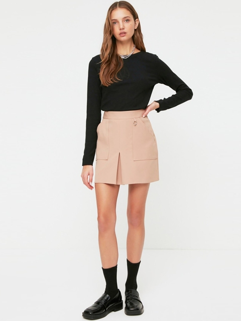 

Trendyol Women Beige Colored Solid A-Line Mini Skirt