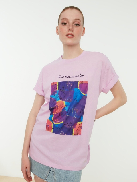 

Trendyol Women Violet Printed Extended Sleeves T-shirt