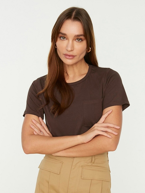 

Trendyol Women Solid Brown Pure Cotton T-shirt