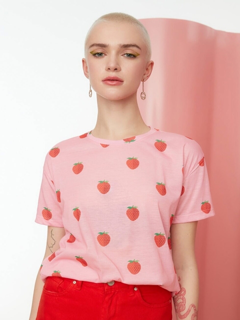 

Trendyol Women Pink Printed Drop-Shoulder Sleeves T-shirt