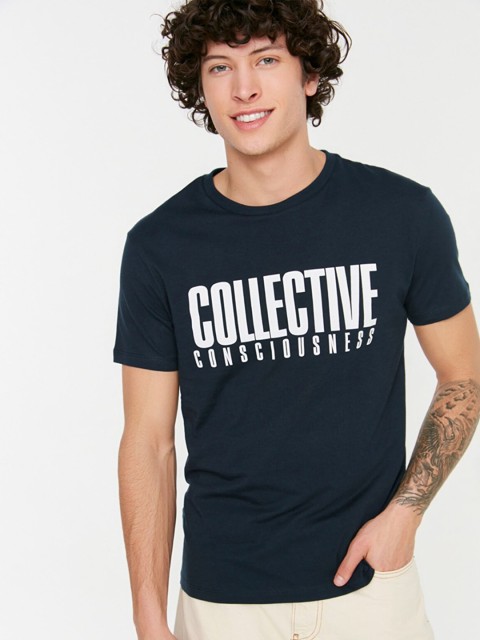 

Trendyol Men Navy Blue Typography Printed Cotton T-shirt