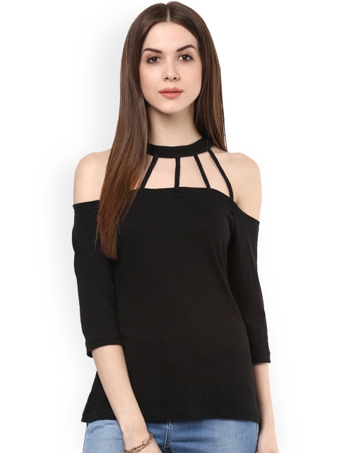 

plusS Women Black Solid Bardot Pure Cotton Top