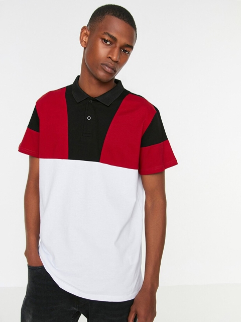 

Trendyol Men White & Red Colourblocked Polo Collar T-shirt