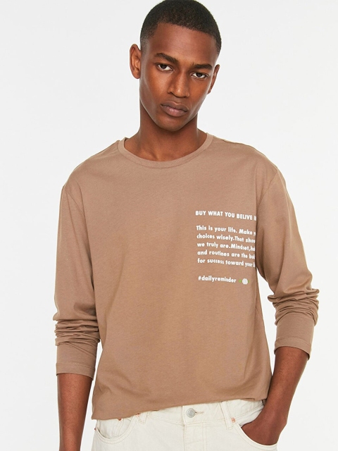 

Trendyol Men Brown & White Typography Printed Pure Cotton T-shirt