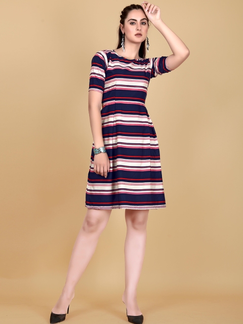 

AUCREATIONS Beige Striped Crepe Dress