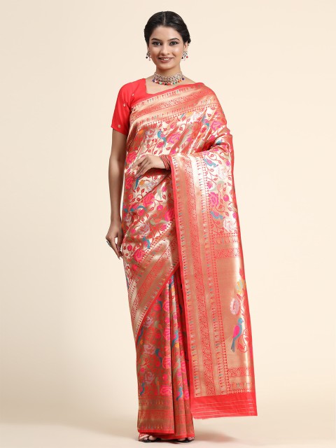 

BAHUJI Red & Gold-Toned Floral Zari Art Silk Banarasi Saree