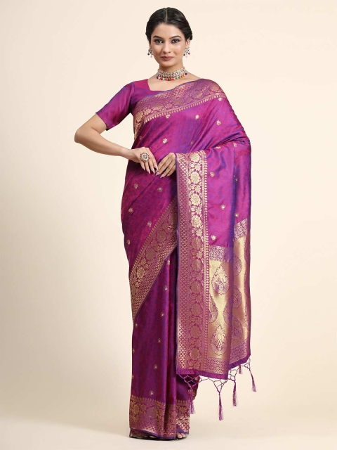 

BAHUJI Purple & Gold-Toned Woven Design Zari Art Silk Banarasi Saree