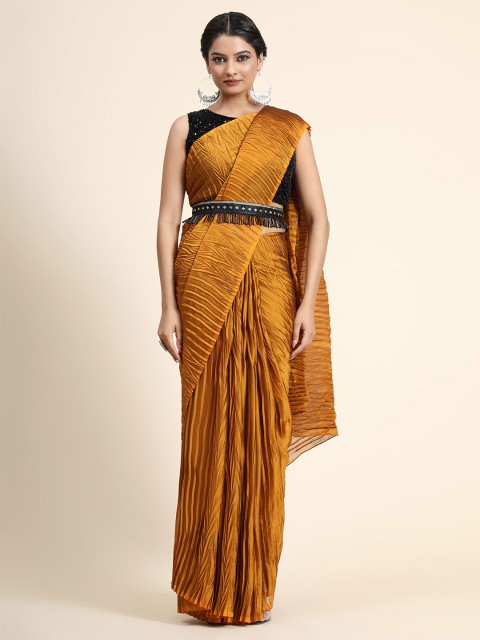 

BAHUJI Women Mustard Solid Belted Saree