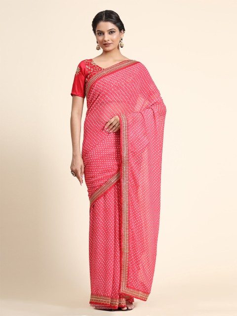 

BAHUJI Red & White Bandhani Gotta Patti Pure Georgette Bandhani Saree