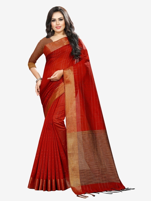 

Indian Fashionista Red & Gold-Toned Checked Silk Cotton Mysore Silk Saree