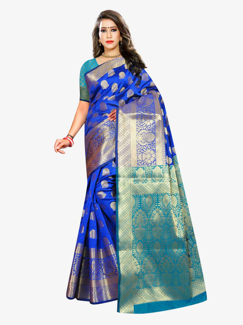 

Indian Fashionista Blue & Green Floral Zari Art Silk Banarasi Saree