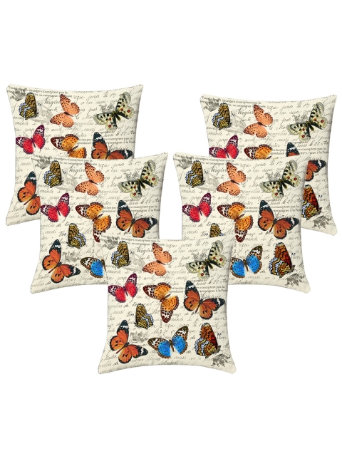 

Lushomes White & Blue Set of 5 Butterfly printed Square Cushion Covers